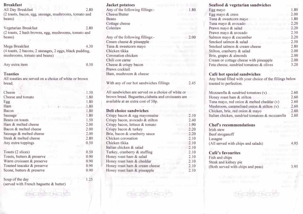 Chestertourist.com - Cafe At The Walls Daytime Menu Page Two